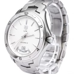 Tag Heuer Silver Stainless Steel Link Calibre 5 Day-Date Men's Wristwatch 42MM For Men