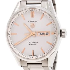 Tag Heuer Silver White Stainless Steel Carrera Caliber 5 WAR201D.BA0723 Men's Wristwatch 40 Mm For Men -Tag Heuer Sales Shop luxury men tag heuer used watches p243519 006