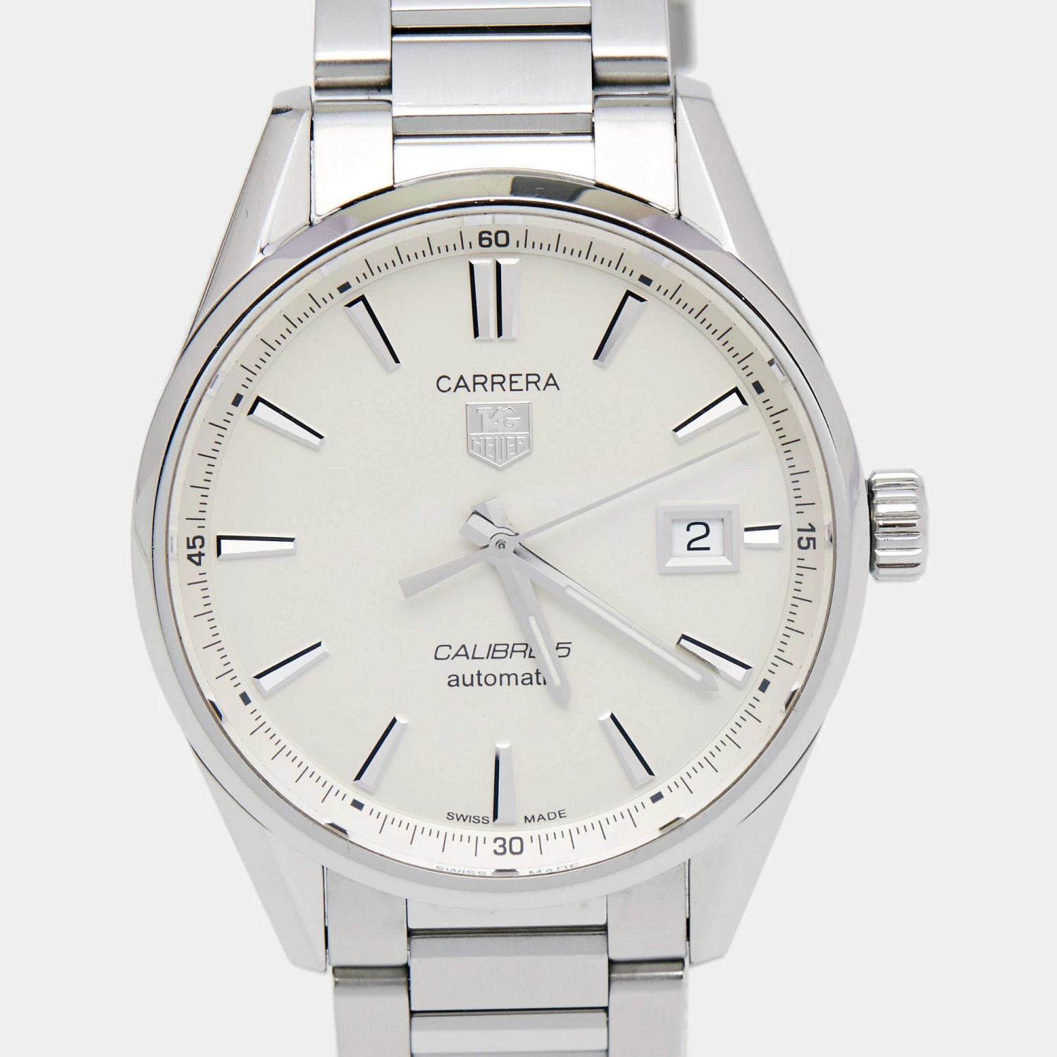 TAG Heuer Silver Stainless Steel Carrera Calibre 5 WAR211B Men's Wristwatch 39 Mm For Men 3 TAG Heuer Silver Stainless Steel Carrera Calibre 5 WAR211B Men's Wristwatch 39 Mm For Men - Image 3