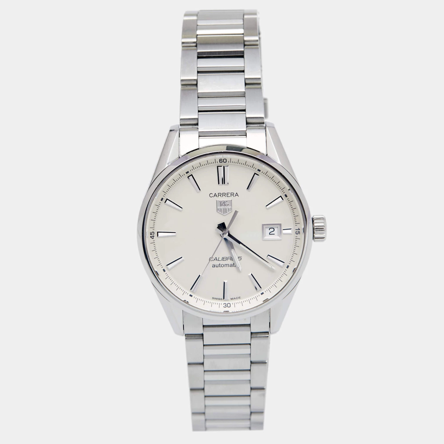 TAG Heuer Silver Stainless Steel Carrera Calibre 5 WAR211B Men's Wristwatch 39 Mm For Men 1 TAG Heuer Silver Stainless Steel Carrera Calibre 5 WAR211B Men's Wristwatch 39 Mm For Men