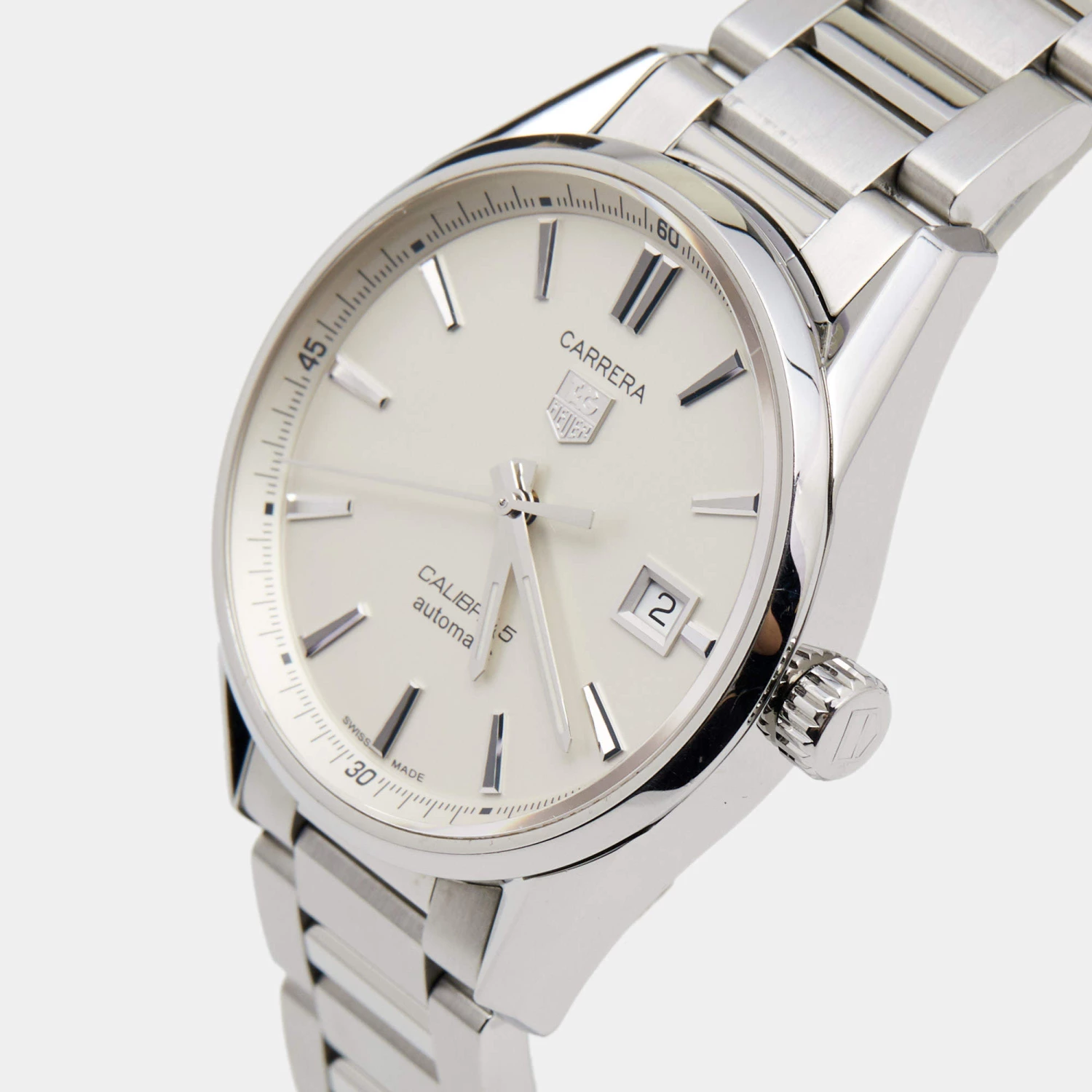 TAG Heuer Silver Stainless Steel Carrera Calibre 5 WAR211B Men's Wristwatch 39 Mm For Men 2 TAG Heuer Silver Stainless Steel Carrera Calibre 5 WAR211B Men's Wristwatch 39 Mm For Men - Image 2