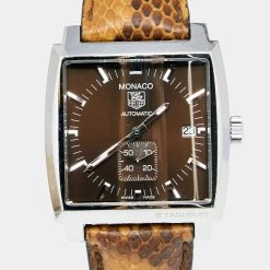 Tag Heuer Brown Stainless Steel Python Skin Leather Monaco WW2115.FC6217 Men's Wristwatch 37 Mm For Men -Tag Heuer Sales Shop luxury women tag heuer used watches p630523 006