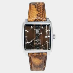 Tag Heuer Brown Stainless Steel Python Skin Leather Monaco WW2115.FC6217 Men's Wristwatch 37 Mm For Men